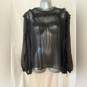 NWT WALTER BAKER women’s sheer top blouse shirt black polka dot flirty f…